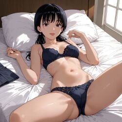 1girls ai_generated black_bra black_panties black_underwear bra dodoriasan mitaka_asa panties solo underwear