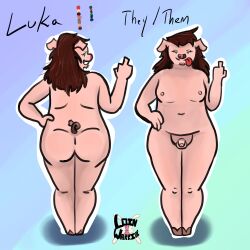 1:1 absurd_res ambiguous_gender anthro ass big_butt facial_hair genitals gesture goatee hair hand_gesture hi_res loin_warrior long_hair male mammal middle_finger model_sheet penis pink_body small_penis solo suid suine