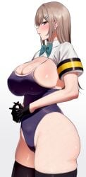 1girls amano_don black_gloves black_thighhighs blue_eyes blue_one-piece_swimsuit blush bow bowtie breasts brown_hair cleavage female fuuki_lin_to_fuuzoku_katsudou gloves highleg highleg_one-piece_swimsuit large_breasts long_hair looking_at_viewer one-piece_swimsuit original ryuuzaki_hina short_sleeves shrug_(clothing) sideboob solo swimsuit thighhighs thighs