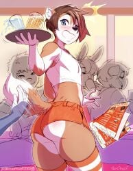 ass ass_slap big_butt booty_shorts brown_hair bubble_butt crop_top crowd femboy femboy_fox femboy_hooters fox fox_tail furry furry_femboy furry_only gay hooters_uniform milo_stefferson milo_stefferson_(character) small_tail spanked_butt spanking spanking_ass tail tokifuji