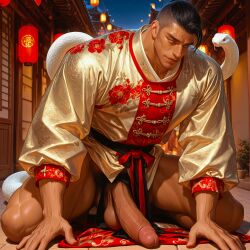 ai_generated athletic_male bara bottomless chinese_clothes dark_hair gay handsome male male_only muscular_legs muscular_male naked_from_the_waist_down partially_clothed partially_clothed_male partially_nude partially_undressed smiling_at_viewer solo_male zodoai