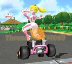 1girls 3d 3d_(artwork) ass blonde_female blonde_hair bodysuit boots crown fart fart_cloud fart_fetish farting farts female female_focus female_only floating go_kart mario_kart mikumikudance mmd nintendo ponytail posing princess_peach racing racing_suit super_mario_bros. thick_ass thight_clothing vehicle
