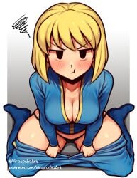 ai_assisted ai_generated big_breasts blonde_hair breasts digital_drawing_(artwork) fallout neckline panties pants_down short_hair sitting underwear vault_suit viracochaart