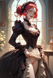 ai_generated bald_pussy female flirty glowing_eyes hot_female original_character pussy red_hair skirt_lift vampire_girl victorian_era