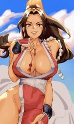 alternate_version_available big_breasts breasts brown_eyes brown_hair fan_(object) fatal_fury kunoichi looking_at_viewer mai_shiranui ninja_girl object_between_breasts panties snk the_king_of_fighters toshio