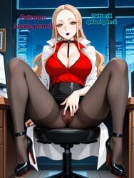 1girls ai_generated alexispencil black_lipstick black_nails female flashing_pussy high_heels lipstick nail_polish nintendo office_lady oleana_(pokemon) pantyhose patreon patreon_url pokemon pokemon_ss see-through self_upload sheer_legwear tagme twitter_username