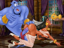 aladdin all_fours anus arabian_clothes ass black_hair breasts bride clothed clothing cum cum_drinking cum_in_mouth cum_inside cum_on_tongue cup disney disney_princess duo erect_penis female from_behind_position genie genie_(aladdin) good_queen_jasmine harem_outfit huge_cock human male mammal nipples penis piercing princess_jasmine see-through sex skimpy straight titflaviy vaginal_penetration