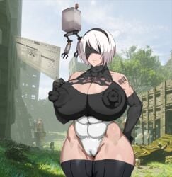 big_nipples blindfold bodysuit edit female huge_breasts kunaboto_(style) nier:_automata nipple_bulge plump short_hair thick_thighs thighhighs third-party_edit venus_body white_hair wide_hips yorha_2b