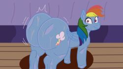 ass ass_focus ass_shake clapping_ass clapping_cheeks equine female fur hooves horse huge_ass looking_at_viewer my_little_pony rainbow_dash_(mlp) rainbow_hair simple_background solo sweat sweatdrop sweating thick_thighs thighs
