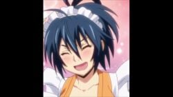 1girls animated ass ass_cleavage big_ass blue_hair blush cleavage dat_ass fat_ass fit_female from_behind happy huge_breasts kimono large_ass maid maid_headdress maid_uniform manyuu_chifusa manyuu_hikenchou no_panties orange_kimono ponytail smile sound tight_clothing video