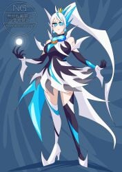 blue_eyes breasts dress earrings genderswap gloves heels kamen_rider kamen_rider_zeztz_(series) long_gloves long_socks long_stockings nox_(kamen_rider_zeztz) otokam1117 power_up rule_63 stockings tagme tokusatsu white_hair