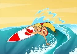 2025 beach black_eyebrows blonde_ponytail bridgette_(tdi) canadian_flag_bikini canadian_surfboard cartoon_network deviantart footwear green_eyes meta not_ai_generated not_porn ocean orange_lipstick surfer_girl total_drama_island unknown_artist warner_bros._animation waves