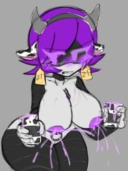 big_breasts cow_bra cow_horns cow_print cow_print_bikini female female_only lactating lactating_nipples milk milking murder_drones nipples purple_hair uzi_(murder_drones) worker_drone