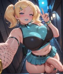 above_view ai_art ai_generated alley blonde_hair blue_eyes blue_lipstick bubbles_(powerpuff_girls) civitai dick dickgirl fishnet_armwear fishnet_legwear fishnets foreskin futa_only futanari hi_res high_angle highres intersex lipstick looking_at_viewer midriff miniskirt patreon peace_sign penis powerpuff_girls self_upload selfie selfie_pose solo stable_diffusion standing stripper tubetop twintails uncircumcised yuckle