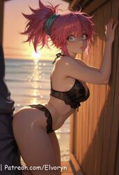 1boy 1girls against_wall ai_generated big_ass big_breast breasts breasts_in doggy_style elvoryn female female_on_bikini human hunter_x_hunter large_breasts light-skinned_female light_skin long_hair looking_at_viewer looking_back machi_komacine male pale-skinned_female pale_skin phantom_troupe pink_hair pink_nipple solo solo_female underwear
