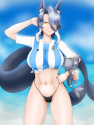 1girls 2d 2d_(artwork) ale_131 alternate_costume animal_ears animal_tail argentina beach beach_background big_breasts black_bikini black_bikini_bottom black_thong blue_hair cat_ears clouds day fanart fanart_from_twitter female female_focus female_only front_view hair hair_over_one_eye high_resolution highres hourglass_figure latam_virtual_youtuber light-skinned_female light_skin looking_at_viewer mole mole_under_eye ocean oneeshi orca_tail orcat_(yuun_kurosu) outdoors sexy short_hair sky slim_girl smiling smiling_at_viewer solo solo_female solo_focus standing summer t-shirt thong thong_bikini virtual_youtuber vtuber vtuberfanart water yellow_eyes young younger_female yuun_kurosu