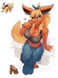 1girls anthro artist_signature bracelet clothing female flareon furry looking_at_viewer pants pokemon reference_image rz54 sandals sandals_removed solo solo_female solo_focus tagme