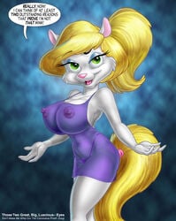 animaniacs anthro blonde_hair breasts clothed clothing dialogue doug_winger female hair huge_breasts mammal mink mustelid nipples see-through solo warner_brothers