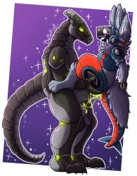 4_ears absurd_res against_surface anal animal_genitalia animal_penis anthro armband armor balls betarat blue_body blue_fur blush blush_lines bodily_fluids bodily_fluids_in_ass claws colored_cum cum cum_in_ass cum_inside cum_on_balls cum_on_penis cum_string duo equine_genitalia equine_penis eye_contact fur genital_fluids genitals green_cum green_eyes grey_body hi_res holding_partner long_tail looking_at_another looking_at_partner machine male male/male medial_ring multi_ear penis protogen shaded smile standing synth_(vader-san) tail unusual_bodily_fluids unusual_cum unusual_genital_fluids white_eyes