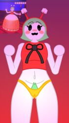 1girls blush bow bow_ribbon crazy_horse_game dot_eyes female green_hair looking_at_viewer looking_down mama_dice_(crazy_horse_game) mob_face nervous nervous_smile panties pubic_hair reference_image roblox roblox_game sebasdeer54 self_upload source_request tagme white_body worm's-eye_view