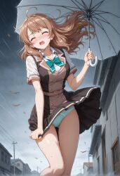 ai_generated anime panties pulling_skirt rain skirt_lift umbrella upskirt wind windy windy_weather