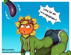 ai_assisted ai_generated digital_drawing_(artwork) doggy_style eggplant plant_girl plant_humanoid plants_vs_zombies pvz sunflower sunflower_(pvz) underboob underwear viracochaart wide_hips