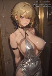 1boy 1girls ai_generated areolae bangs bare_shoulders bed between_breasts black_choker blonde_hair blush breast_press breasts breasts_squeezed_together choker clavicle cleavage clothing curvaceous curvaceous_female curvaceous_figure curvy curvy_figure drooling earrings erection evelyn_chevalier evelyn_chevalier female female_focus gym gym_clothes gym_uniform heart hoyoverse huge_breasts indoors jewelry large_breasts light-skinned_female looking_at_viewer male male_pov mole mole_under_eye nipples nude on_bed open_mouth paizuri penis precum purple_eyes rognezart saliva saliva_trail semen short_hair sidelocks smile solo_focus straight suspenders sweat tongue tongue_out voluptuous voluptuous_female zenless_zone_zero