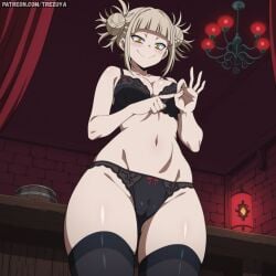 ai_generated at black blush bra cleavage clitoris collarbone female highres himiko_toga legwear lingerie looking my_hero_academia navel only panties self_upload smile thighhighs thighs trezuya underwear viewer