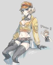 1boy 1girls bare_midriff bikini_top black_gloves black_thighhighs blonde_hair bra cindy_aurum cleavage female female_focus final_fantasy final_fantasy_xv gloves hentai jeans_shorts kantai_collection male prompto_argentum short_shorts shorts solo_focus straight thighhighs thumbs_up