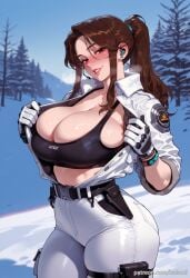 ai_generated balecxi black_sports_bra blush brown_eyes brown_hair cleavage curvy female gloves hailey_(the_first_descendant) holster huge_breasts long_hair looking_at_viewer open_clothes outdoors pants ponytail smile solo sports_bra sweat the_first_descendant thick_thighs tree