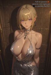 1boy 1girls ai_generated areolae bangs bare_shoulders bed between_breasts black_choker blonde_hair blush breast_press breasts breasts_squeezed_together choker clavicle cleavage clothing curvaceous curvaceous_female curvaceous_figure curvy curvy_figure drooling earrings erection evelyn_chevalier evelyn_chevalier female female_focus gym gym_clothes gym_uniform heart hoyoverse huge_breasts indoors jewelry large_breasts light-skinned_female looking_at_viewer male male_pov mole mole_under_eye nipples nude on_bed open_mouth paizuri penis precum purple_eyes rognezart saliva saliva_trail semen short_hair sidelocks smile solo_focus straight suspenders sweat tongue tongue_out voluptuous voluptuous_female zenless_zone_zero