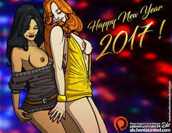 2girls alx_(fuckit) belly black_hair breasts closed_eyes disney dress elisa_maza female female_only fox_xanatos gargoyles ginger hips jewelry large_breasts legs long_hair multiple_girls nail_polish navel new_year nipples orange_hair panties sideboob thighs underwear yuri