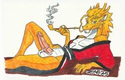 anthro asian_clothing belly biped blue_eyes clothed clothing dragon east_asian_clothing eastern_dragon erection facial_hair genitals hi_res holding_object japanese_clothing kimono looking_at_viewer lying male mythological_creature mythological_scalie mythology on_side partially_clothed penis scales scalie signature simple_background smoking smoking_pipe solo traditional_media_(artwork) white_belly yellow_body zaeryn