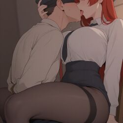1boy 1girls ai_generated blindfold dominant_female fully_clothed hands_behind_back large_breasts licking_face light-skinned_female light-skinned_male questionable_consent sitting_on_lap straight submissive_male thick_thighs