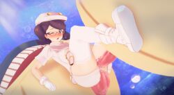 1girls 2boys aether_foundation aether_foundation_employee_(cosplay) aether_foundation_uniform alternate_costume clothed_sex cosplay female glasses gloves green_eyes hat male one_eye_closed pokemon pokemon_sm pokephilia purple_hair sex wailmer wicke_(pokemon) witchanon