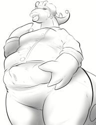 anthro belly black_and_white chef chef_hat chef_uniform clothed_pred clothing female female_pred generation_6_pokemon goodra greyscale hand_on_belly hat headgear headwear lips low-angle_view monochrome nintendo pandottermon pokemon pokemon_(species) simple_background solo standing stomach_bulge thick_lips vore white_background
