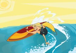 2025 beach black_eyebrows blonde_ponytail bridgette_(tdi) cartoon_network deviantart eyebrows_visible_through_hair footwear green_eyes grey_hairband meta not_ai_generated not_porn ocean open_mouth orange_lipstick orange_surfboard surfer_girl surfing total_drama_island unknown_artist warner_bros._animation waves wetsuit