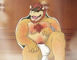 anthro arm_hair asian_clothing beard belly belly_hair bodily_fluids body_hair bowser chest_hair clock closed_eyes clothing east_asian_clothing erect_nipples facial_hair fundoshi hand_hair happy_trail japanese_clothing koopa male mario_bros musclegut muscular navel nintendo nipples saliva sauna scalie scarredbeard solo sweat tongue tongue_out underwear watch wristwatch