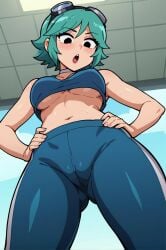 ai_generated blush breasts cameltoe female from_below goggles goggles_on_head hands_on_hips medium_breasts navel open_mouth short_hair solo underboob