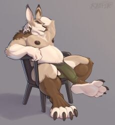 anthro big_feet big_penis brown_body brown_fur bulge chair claws clothed clothing detailed_bulge fangs feet fur furniture genital_outline genitals hand_behind_head hi_res humanoid_genitalia humanoid_penis jockstrap jockstrap_only lagomorph leporid male mammal mostly_nude musclegut muscular muscular_anthro muscular_male on_chair penis penis_outline precum_through_jockstrap rabbit razzper sitting sitting_on_chair solo teeth tenting toe_claws topless underwear underwear_only whiskers