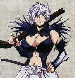 1girls big_breasts character_sheet cleavage curvy female fit_female gun hand_on_hip hourglass_figure huge_breasts lavender_hair light-skinned_female manyuu_hikenchou manyuu_kagefusa mature_female navel nipples_visible_through_clothing official_art sadistic_girl scan sneer yellow_eyes