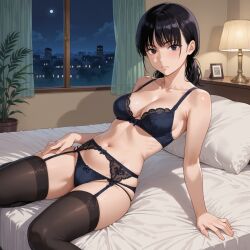 1girls ai_generated black_bra black_hair black_lingerie black_panties black_thighhighs bra chainsaw_man dodoriasan female garter_belt lingerie mitaka_asa panties solo thighhighs