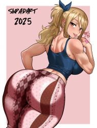 blonde_female blonde_hair fairy_tail fat_ass female female_only forbidden_pants fully_clothed huge_ass looking_back lucy_heartfilia sinpadart tank_top thick_thighs toned_female tongue_out
