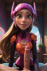1boy 1boy1girl 1girls ai_generated armor big_hero_6 bodysuit breasts brown_hair clothed_female_nude_male disney erection female freckles green_eyes helmet hi_res honey_lemon indoors long_hair looking_at_viewer makeup male marvel marvel_comics mole mole_under_eye penis pov progenarts smile solo_focus straight uncensored veins veiny_penis web_address window