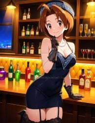 2025 4kids_entertainment ai_generated anime bar_(place) black_dress black_gloves black_leggings blushing_at_viewer brown_eyes brown_hair_female delia_ketchum_(pokemon) deviantart elryusam finger_on_head hand_on_head hand_on_table looking_at_viewer meta mouth_closed nintendo not_porn orange_cheeks pokemon shy_expression shy_smile smile_at_viewer smiling_at_viewer vintage_clothing white_collar