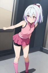 ai_generated androgynous bike_shorts blue_hair long_socks medium_hair multicolored_hair pink_eyes ponytail purple_hair skirt streaked_hair t-shirt white_hair