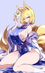 1girls animal_ears big_breasts breasts clothed_female female fox_ears fox_girl kitsune looking_at_viewer mature_female multiple_tails one_eye_closed ran_yakumo raptor7 sideboob solo solo_female thick_thighs thighs touhou yellow_eyes