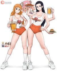 2girls 3boys 5_arms anklehighs arm_tattoo axfa beer black_hair black_hair_female blue_eyes blue_tattoo brown_eyes cleavage clothing crew_socks dismaiden female food hana_hana_no_mi hooters_(parody) hooters_uniform large_breasts long_hair male monkey_d_luffy nami_(one_piece) nico_robin one_piece orange_hair orange_hair_female patreon patreon_logo patreon_url patreon_username shoes sneakers socks socks_and_shoes tattoo thighs tight_clothing usopp vinsmoke_sanji white_socks