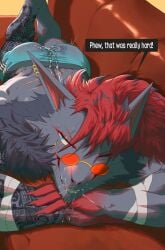 2025 absurd_res after_sex afterglow anthro arm_wraps ass barazoku bent_legs big_muscles bodily_fluids bottomwear claws clothed clothing crossed_arms cum cum_in_ass cum_in_clothing cum_in_mouth cum_inside cum_on_back cum_on_butt cum_on_face cum_through_clothing dialogue ear_piercing ear_ring emanata english_text eyewear fur furniture generation_5_pokemon genital_fluids ggan_ggandi hair hi_res kemono legs_up lying male muscular muscular_anthro muscular_male nintendo on_front on_sofa one_eye_closed piercing pokemon pokemon_(species) ring_piercing scar shorts smile sofa solo sunglasses sweat tattoo teeth text topless topless_anthro topless_male tuft wet wet_clothing wraps zoroark