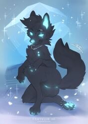 anthro anus black_body black_fur black_tail blue_anus blue_claws blue_eyes blue_nose blue_pawpads blue_pussy canid canine canis claws eyebrow_piercing facial_piercing female fur genitals humanoid_genitalia humanoid_pussy mammal pawpads piercing pussy reysi solo tail wolf